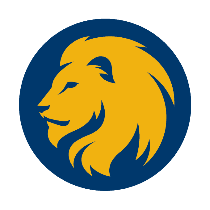 Gold lion head logo with blue background.